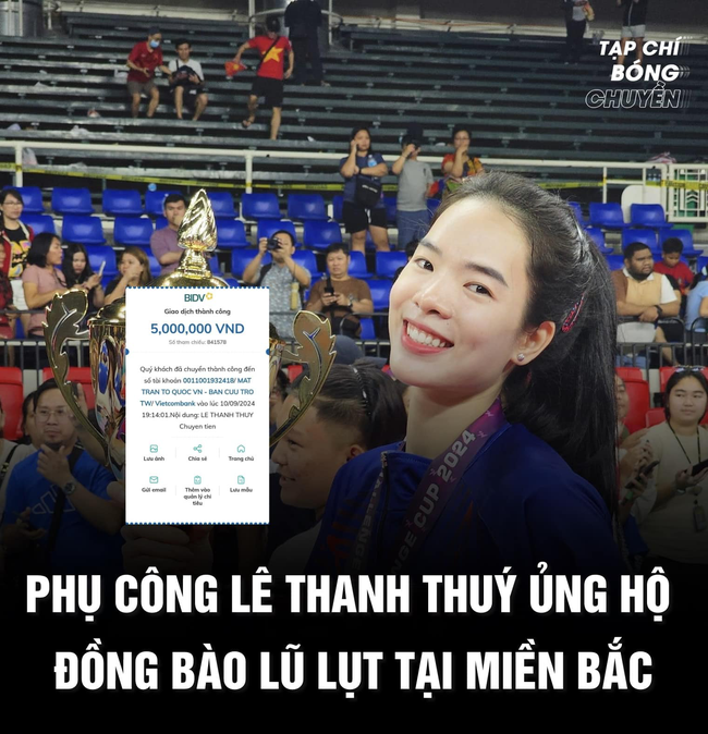 Lê Thanh Thúy ủng hộ đồng bào vũng lũ miền Bắc. Ảnh: Tạp chí bóng chuyền